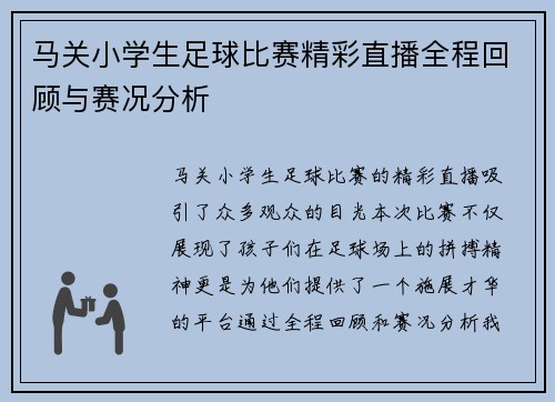 马关小学生足球比赛精彩直播全程回顾与赛况分析